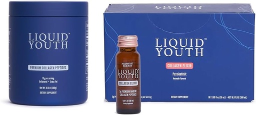 [BRSRAAIOAQJQYA36] Колаген Peptides прах & Passion Fruit Liquid Collagen Shots for Women & Men - Тип I и III Premium Grass-хранен едър рогат добитък и морски колаген - за растеж на косата, кожа, нокти, кости, съвместно здраве (40 Сервиз)