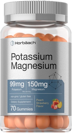 [BRSROGIKBEFA2DL2] Horbaach Potassium Magnesium Gummies | Peach Strawberry Flavor | 70 Chewable Gummy | Vegan, Non-GMO, and Gluten Free Supplement