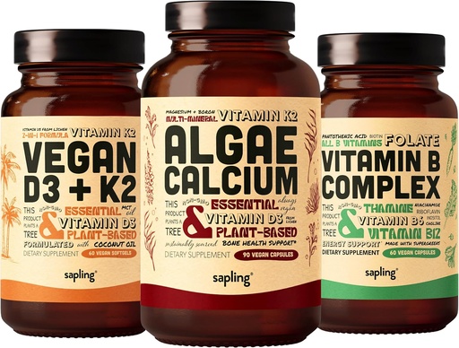 [BRSROBQFBACBUGTK] Algae Calcium & Vegan D3 + K2 & Vitamin B Complex Bundle - Calcium Supplement from Red Algae, 4000 IU Vitamin D3 and 100mcg Vitamin K2, Essential B Vitamins