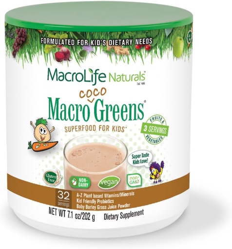 [BRSWIZD2BJ4AKEIZ] MacroLife Naturals MacroCoco Greens Chocolate Superfood Powder for Kids Raw Fruits Veggies Probiotics & Digestive Enzymes, Immunity Energy, Non-GMO, Vegan, Gluten, Dairy Free - 7oz (32 Servings)
