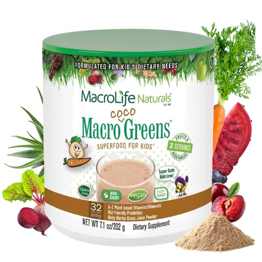 [BRSWIZD2BJ4AKEIZ] MacroLife Naturals MacroCoco Super Greens Drink, Chocolate Powder Superfood for Kids & Teens - Whole Food Fruit & Vegetable Multi-Vitamins Probiotics Digestive Enzymes & Fiber Supplement - 32 Servings