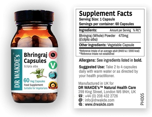[BRSWIEIKAIGQCF3M] DR WAKDE Bhringraj Capsules (Daisy palsu, Eclipta alba, 60 Veg Caps, Pembangkit, Ayurvedic Herb, All Natural, Vegan)