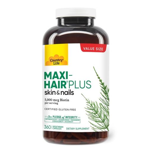 [BRSRMAYKC4PRUEY4] Country Life Maxi-Hair Plus 5000 mcg Biotin, 360 Capsules, Certified Gluten Free, Certified Vegetarian