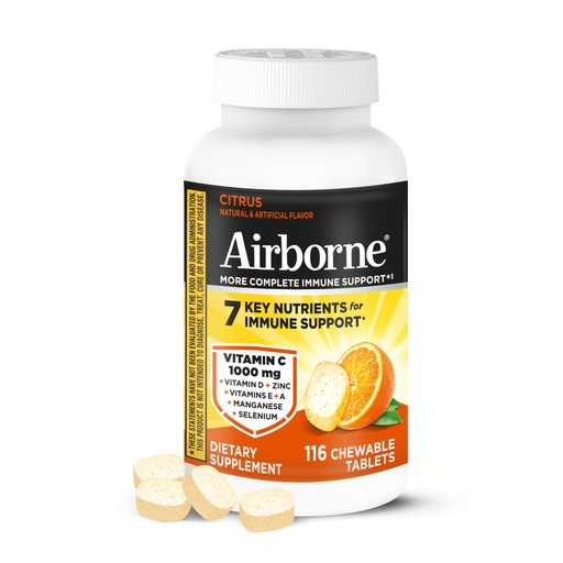 [BRSWI237DIOROH3G] Airborne 1000mg Vitamin C + Zinc Immune Support Supplement Chewable Tablets, Citrus Flavor with Powerful Antioxidants Vitamins A C & E, 116 Chewable Tablets