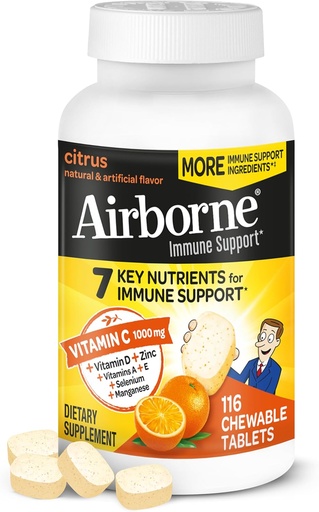 [BRSWI237DIOROH3G] Airborne Vitamin C 1000mg (per portion) - Citrus Chewable Tablets (116 greve i en flaska), Gluten-Free Immune Support Supplement, med vitaminer A C E, Zink, Selen, Echinacea, Ginger, Antioxidanter