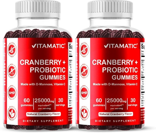 [BRSW2HQYA4IRQH3O] Vitamatic 2 Pack Vegan Cranberry Gummies with D-Mannose, Probiotic & Vitamīnu C sievietēm Urīnceļu veselība - 25000mg Ekvivalents Per Serving (no 50:1 Extract 500 mg) - 60 Count