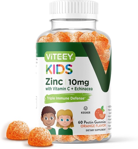 [BRSW2HT2AEDQMHY2] Viteey Zinc para niños Gummies 10mg, con vitamina C &amp; Echinacea - Soporte inmunitario, potente antioxidante natural, niños Zinc vitamina Suplemento - Vegan, Gelatin Gratis - Tasty Chewable Orange Flavor Gummy