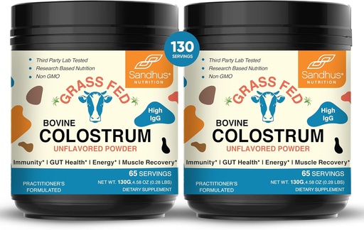 [BRSRAEA3BEHQKFA4] Sandhu's Grass Fed Bovine Colostrum Powder for Humans, Adults | 65 Servings (Pack of 2) Cows Supplement | High IgG for Gut Health | Immunity & Muscle Recovery Support | Unflavored | for Men & Women
