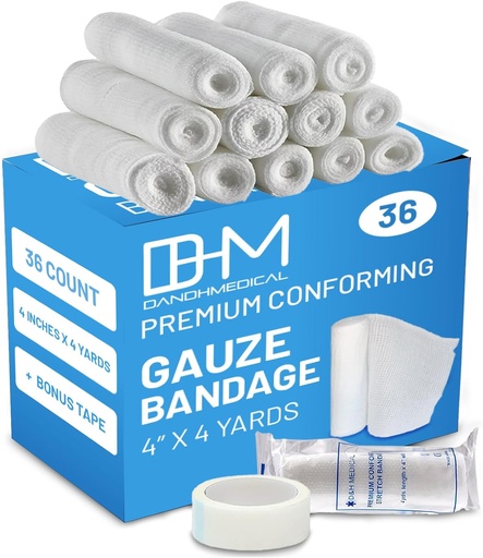 [BRSWGZYDBFYGK2DK] D&H Medical Pack of 36 Gauze Bandage Roll 4 Inches x 4.1 Yards with Tape - Medical Gauze Wrap for Wounds Care - Easy to Use Cotton Rolls for Hand Wrap Dressing Ankles & Knees