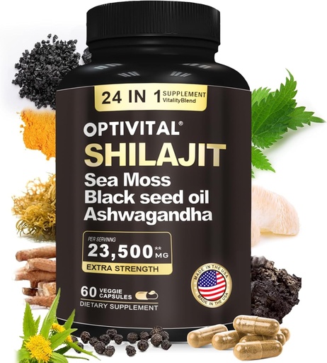 [BRSRA2Y5DF4B62A7] Pure Himalayan Organic Shilajit for Men & Women Sea Moss, Black Seed Oil, Ashwagandha, Rhodiola & Burdock, Ginseng Cordyceps & Biloba, Nettle & Turmeric (No Fillers) (60 Caps)