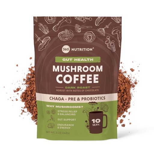 [BRSRA2TRBMDWMD3K] 360 Nutrition Instant Mushroom Coffee with Chaga Superfood Mushroom and Prebiotics, Probiotics for Gut Health, and Focus Support | Dark Roast, No Added Sugar 5 oz (Gut Blend)