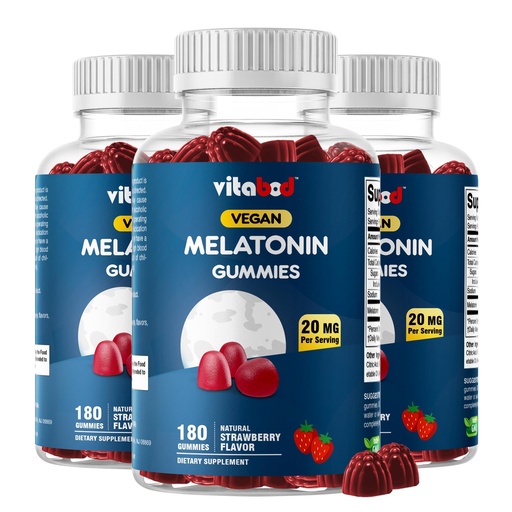 [BRSROZQCA57GACDZ] Vitabod Melatonin 20mg Gummies - 180 Count - Drug Free - Natural Strawberry Flavor - Vegetarian, Non-GMO, Gluten Free (3 Bottles)