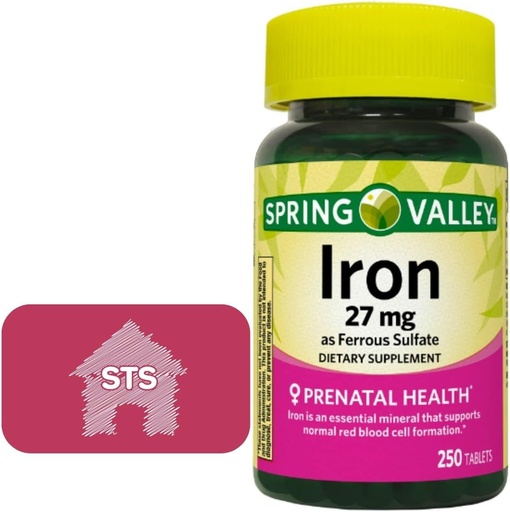 [BRSRMHQCAF5GEE3X] Spring Valley Iron as Ferrous Sulfate 27 mg, 250 Count + STS Home Sticker.