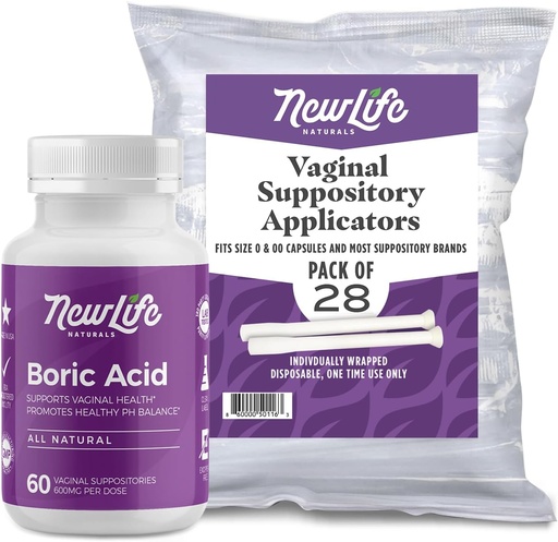 [BRSRMATRAUPBGGTH] NewLife Naturals Boric Acid Vaginal Suppositories 600mg (60 Pack) con 28 Aplicadores - para pH Balance, Salud Femenina y Bienestar Intimado - Made in USA