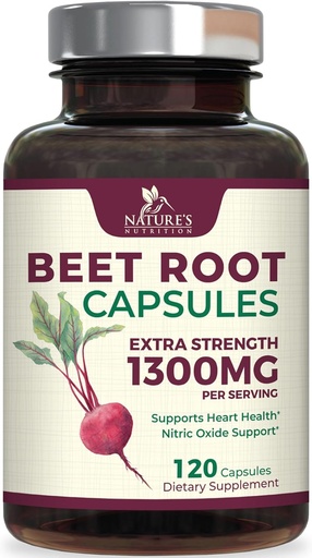 [BRSWYZQCC4DWO2TF] Capsules de racines de betterave 1300mg - Supplément de poudre de betterave rouge extra-forte – soutient la production d'oxyde nitrique, la santé cardiaque et l'énergie naturelle – sans OGM, végétalien, sans gluten – 120 capsules de légumes