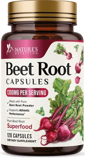 [BRSWYZQCC4DWO2TF] Organic Beet Root - 1300mg per Serving - Extra Strength Organic Beetroot Powder Supplement - Supports Nitric Oxide Production, Heart Health & Natural Energy - Bottled in USA - 120 Veggie Capsules