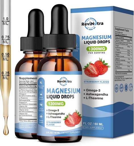 [BRSRAEILBAMRMDQ6] 2 Pakke flytende magnesiumglycinat dråper med Taurate & Citrat, rolig magnesium med Omega3, L-theanin, Kalium, Ashwagandha, Vitamin for søvn, Muskel, Immun helse, sukkerfri jordbærflavor