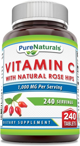 [BRSROHDYBANBADLH] Pure Naturals Vitamin C with Rose HIPS 1000 mg Per Servings | 240 Tablets Supplement | Non-GMO | Gluten Free | Made in USA