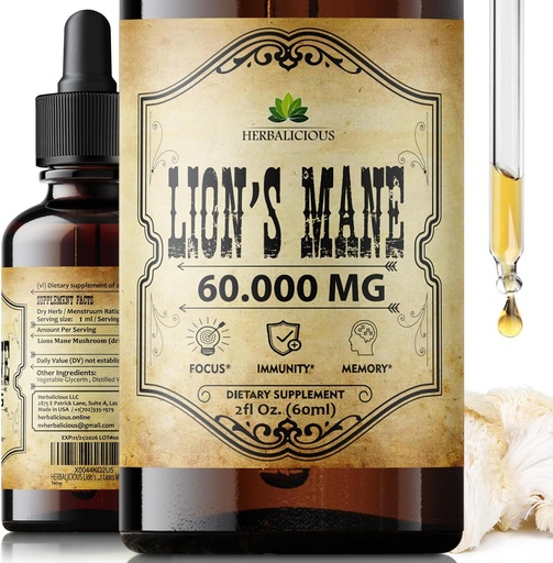 [BRSRAHYLCJ5ROETX] Lion's Mane Extract 2 fl oz Liquid – Natural Mushroom Supplement Tincture for Brain, Memory, Mental Clarity & Focus – Immune Support – High Potency Formula – 90-Day Supply