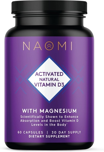 [BRSWYHT2DIFGOAIU] NAOMI geactiveerde vitamine D3 5000 IE (125 mcg) Supplement met magnesium voor sterke botten, tanden, spieren, immuun en goede ondersteuning, niet-GMO, glutenvrij, 60 veggiecaps, 30 dagen levering
