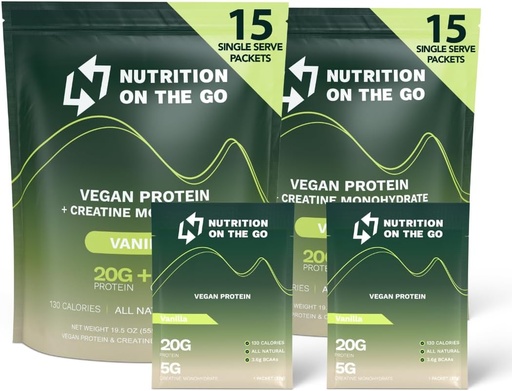 [BRSRAAYPPIFWA23X] Ernährung auf den Go Vegan Protein Pulver-Packets mit Kreatin – 20g Pflanzenproteine + 5g Kreatin – Einweg-Reise-Pulver – All-Natural, Glutenfrei – Vanille – (30-Pack)