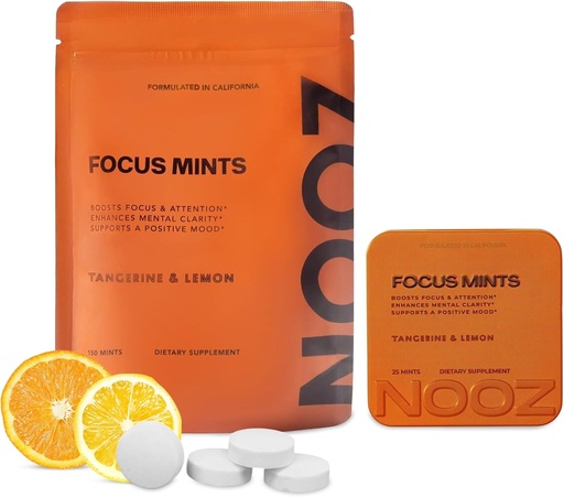 [BRSRAAT6DN7QK33P] NOOZ Focus Mints Refill Bag - Caffeine-Free Brain Booster for Mental Clarity-Tangerine & Lemon Flavor | Sugar-Free, Travel-Friendly Supplement with Vitamin C, B6, B12 - Non-GMO, Clean Label, 150 Mints