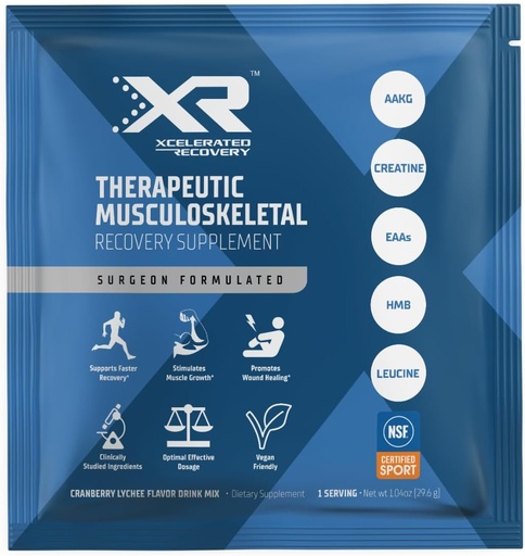[BRSROZIFCUJQADTB] XR™ Therapeutic Musculoskeletal Recovery Supplement 14-Pack | Injury & Surgery Recovery | Amino Acids, HMB, Creatine, AAKG | Cranberry Lychee Flavor Powder Drink Mix | NSF Certified for Sport