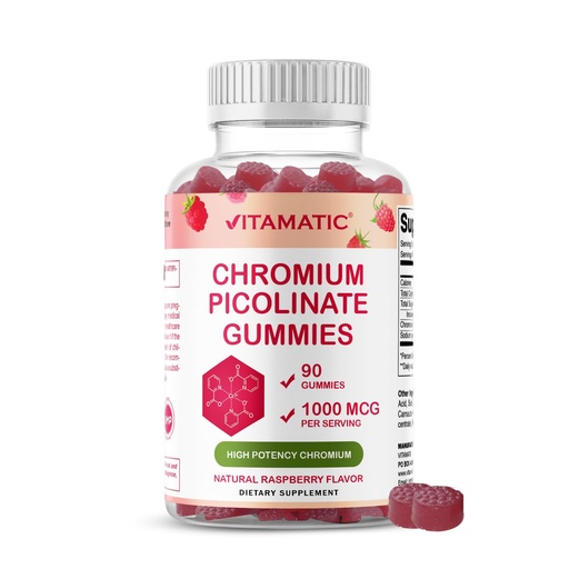 [BRSROAQ2AAFW22DP] Vitamatic Chromium Picolinate 1000 mcg - 90 Gummies - High Potency Chromium - Raspberry Flavor