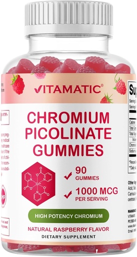 [BRSROAQ2AAFW22DP] Vitamatic Chromium Picolinate 1000 mcg - 90 Gummies - High Potency Chromium - Raspberry Flavor