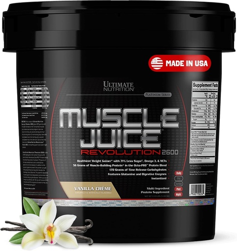 [BRSWIYA2CACRO3Q7] Ultimate Nutrition Muscle Juice 2600 Revolution, Weight Gain Drink Mix - Mass Gainer Workout Powder Supplement for Lean Muscle Growth & Recovery with 56g Protein Blend - Vanilla, 11.105lb