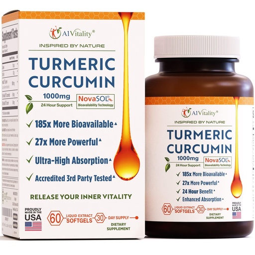 [BRSWK2QOCIBQKELA] A1Vitality NovaSOL Turmeric Curcumin 1000mg – Clinically Proven 185x Higher Absorption – Promotes Joint Comfort, Mobility & Overall Wellness – Non-GMO, Doctor Formulated, 60 Softgels.