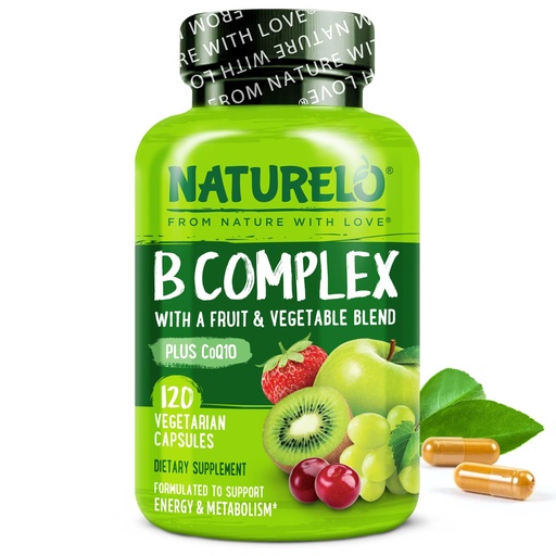 [BRSWG2Q7OEPRQGTZ] NATURELO Vitamin B Complex,120 Capsules, Vegan, CoQ10, Methyl Folate, Biotin, Fruit & Veg Blend, Supports Energy and Healthy Stress Response, Super B Complex Vitamins for Women and Men