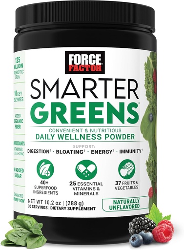 [BRSW2CYECIDQMAA4] Factor de fuerza más inteligente Greens Daily Wellness Powder, Greens Superfood Powder para apoyar Gut Health, Bloating, " Digestion, con 40+ Superfoods, 125 Millones de UF de Probióticos, Desflavorados, 30 Servimientos