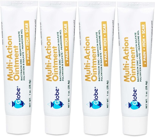 [BRSW2ZLYC4DW2DTF] Globe (4 Pack) First Aid Antibiotic Scar Minimizing Pain-Relief, Anti-Itch Ointment with Neomycin, Bacitracin Zinc, Pramoxine HCl & Polymyxin B, for Minor Cuts, Scrapes & Burns