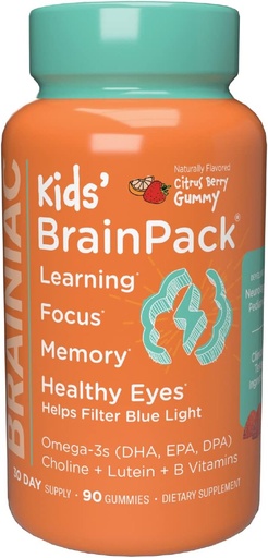 [BRSROYIDA4DWCE3P] Brainiac Kids Günlük Beyin Paketi Gummies, Omega 3 DHA EPA DPA, Choline, B6 & B12 ve Lutein for Eye Health with Immune Support, Citrus Berry Flavor, 90 ctt