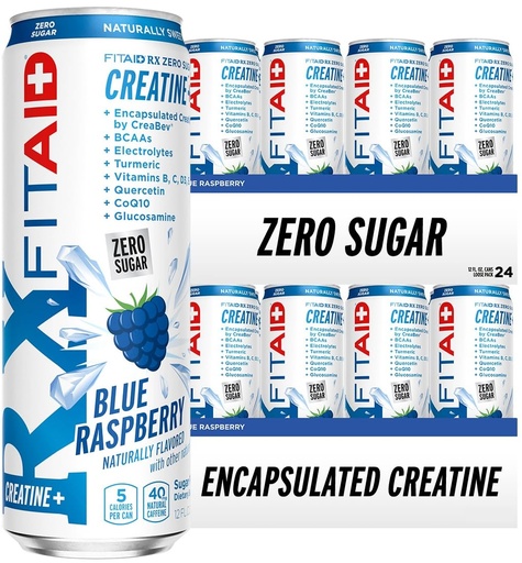 [BRSRAYYEC4JRYELX] FITAID RX Zero Sugar, Encapsulated Creatine, Workout Recovery Drink, All-In-One Blend, BCAAs, Glucosamine, Turmeric, B-Complex, Electrolytes, Blue Raspberry, 12 Fl Oz (Pack of 24)