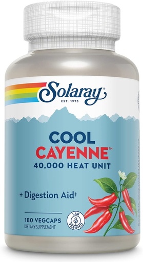 [BRSWIYQAO4HRO33Y] SOLARAY Cool Cayenne Pepper 40,000 HU, Cayenne Pepper Capsules, Digestion Aid, Bio-Cool Process, Lab Verified, 60-Day Money-Back Guarantee, 90 Servings, 180 VegCaps