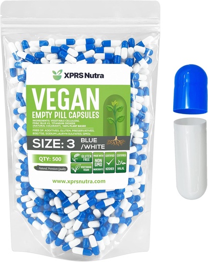[BRSWY2QKDFYBMYL4] XPRS Nutra Size 3 Empty Capsules - 500 Count Empty Vegan Capsules - Vegetarian Pills - DIY Vegetable Capsule Filling - Veggie Pill Caps (Blue/White)