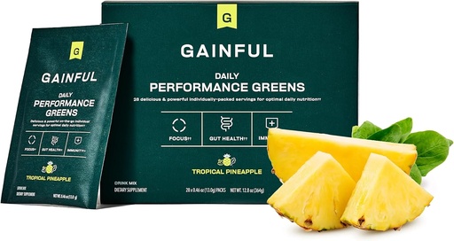 [BRSROCQLPMHG2YDJ] Gainful Daily Performance Greens Powder, Coconut Pineapple, Gut Health, Energy, Focus and Immune Support with L Theanine, Organic Greens, Chlorella, Ginger, Green + Adaptogen Drink Mix, 28 Packets