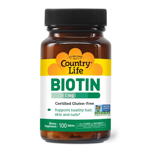 [BRSWIY3YPN6AGALM] Country Life Biotin 1mg Supports Healthy Hair, Skin & Nails, 100 Tablets, Certified Gluten Free, Vegan, Halal, Non-GMO Verified