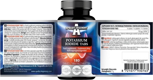 [BRSRAGALDIMQIH3F] Potassium Iodide 150 mcg per Portion - 180 Vegan Tablets - 720 Servings - for Optimal Gland Function and Energy Metabolism - Diet Supplement by Apollo's Hegemony
