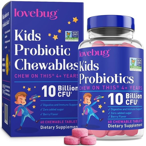[BRSW2ZYZCUNR4FDK] LOVEBUG Probiotics for Kids – Probiotic Chewables with Prebiotic Fiber for Age 4+, Daily Children's Gut Health, Constipation, Digestive & Immune Support Supplement, Sugar-Free Berry Flavor, 60 ct