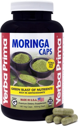 [BRSWGGAZBABWK2AY] Yerba Prima Moringa, 180 Count Veg Caps - 400mg of Pure, Dried Leaf Powder, Green Blast of Nutrients, Rich in Antioxidants, 100% Pure, Super Food, Non-GMO, Vegan Friendly, Gluten-Free, USA Made