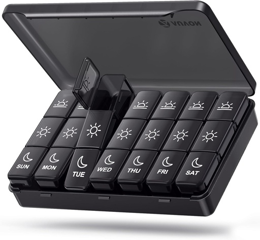 [BRSRAEABCIDWG2A3] AUVON Weekly Pill Organizátor 3 krát denně, Velká krabička 7 Den s Dual Protection for Travel, Black Pill Pouzdro na ochranu soukromí, Light- proof Pill Container for Medications, Vitamíny, Rybí oleje