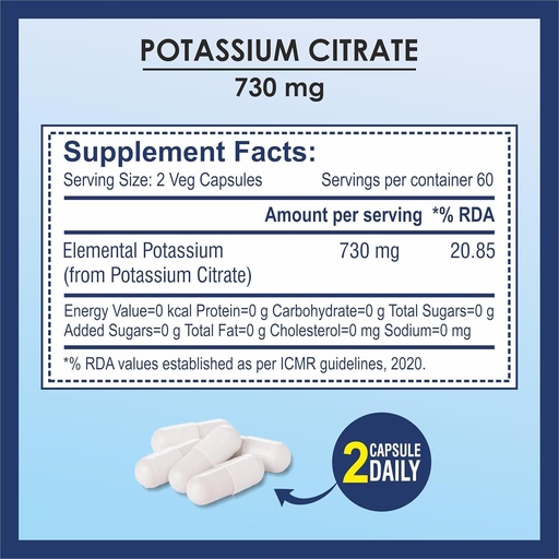 [BRSRAFIFAUPAY3A2] Potassium Citrate 730mg Supplement, Supports Kidney Function & Healthy Muscle - 120 Vegetable Capsules