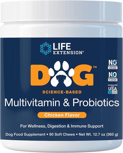 [BRSROGIQO4FAYCLO] Life Extension Dog Multivitamin & Probiotics - Dog Food Supplement for Overall Health, Digestion and Immune Support - Vitamins, Probiotic Blend, Colostrum (Bovine) - 90 Soft Chews