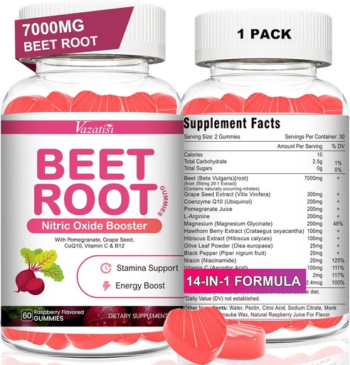[BRSRACD7AACGCHT5] Beet Root Gummies - Nitric Oxide Beet Gummies for Circulation Support, Nitric Oxide Production - with Grape Seed, Hawthorn Berry, Hibiscus, Organic, Non-GMO, 60 Gummies