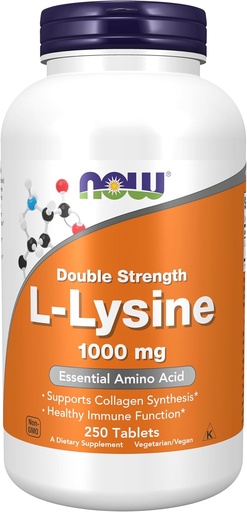 [BRSWGZDRBMHBSG3U] NOW Foods Supplements, L-Lysine (L-Lysine Hydrochloride) 1,000 mg, Double Strength, Amino Acid, 250 Tablets