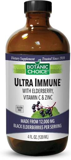 [BRSWYAYECUJQKDT5] Botanic Choice - Ultra Immune, Contiene Elderberry con Zinc y Vitamina C, Black Elderberry Syrup para Adultos y Niños, Vitaminas Líquidas para Soporte Inmunitario, 4 Oz