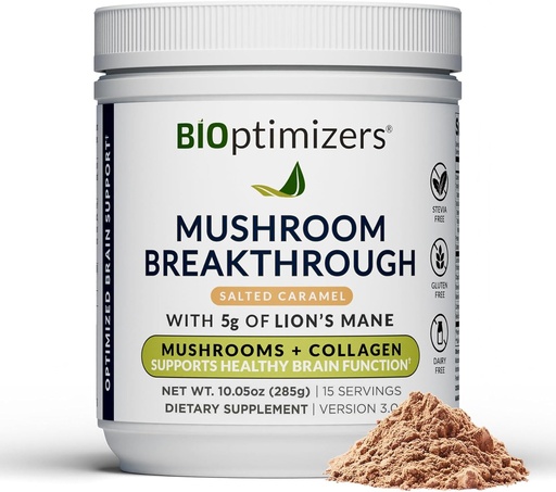 [BRSROBQ5CAPQA33L] BIOptimizers Mushroom Coffee Alternative – Salted Caramel Drink – Lion’s Mane, Chaga, Reishi + Collagen Peptides for Focus, Energy & Gut Health – Adaptogenic Mushrooms & MCT Powder – 15 Servings